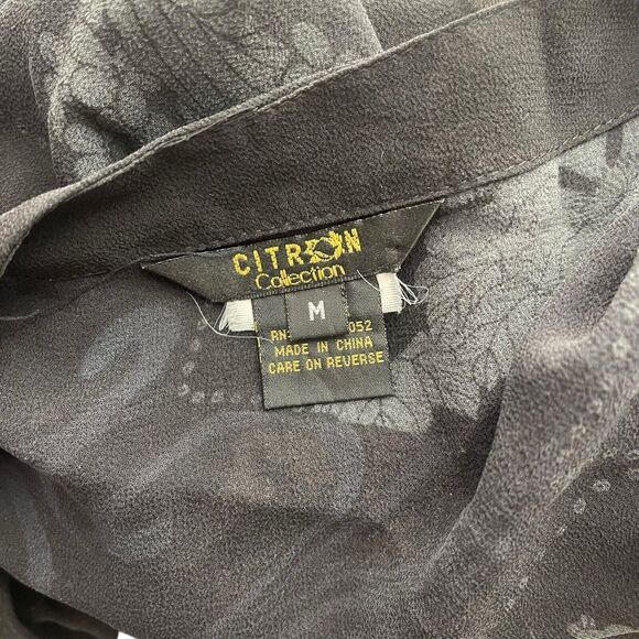 Citron Collection Medium Silk Blouse Black Gray Print Cap Sleeve Top Cowl - Picture 2 of 11
